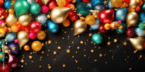 Festive balloons of different sizes on a bblack background. Holiday concept. AI generated photo