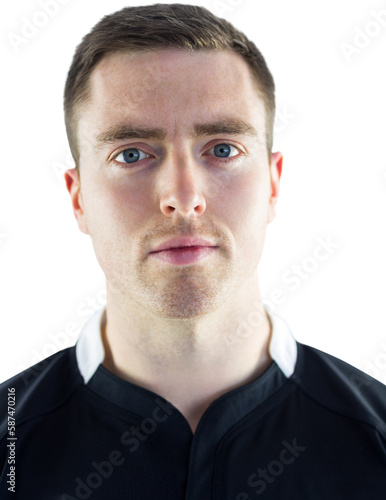 A rugby player looking at the camera