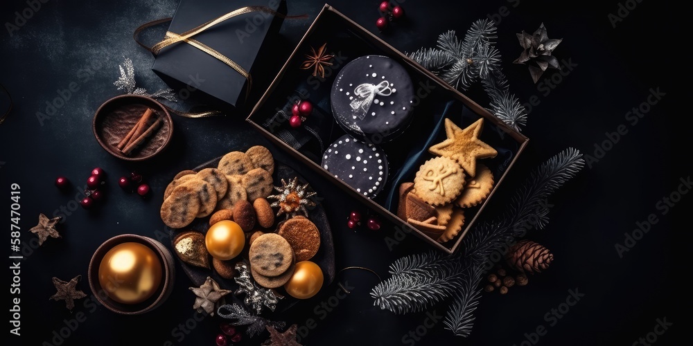Christmas gift box with cookies on a black background, Christmas decorations. The concept of New Year and Christmas. AI generated