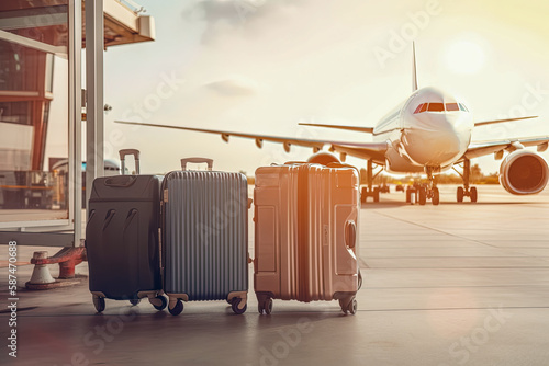 Airport with luggage suitcases and airplane in the background, airplane in the blurred background, summer vacation concept, traveler suitcases in airport terminal waiting area. Generative AI