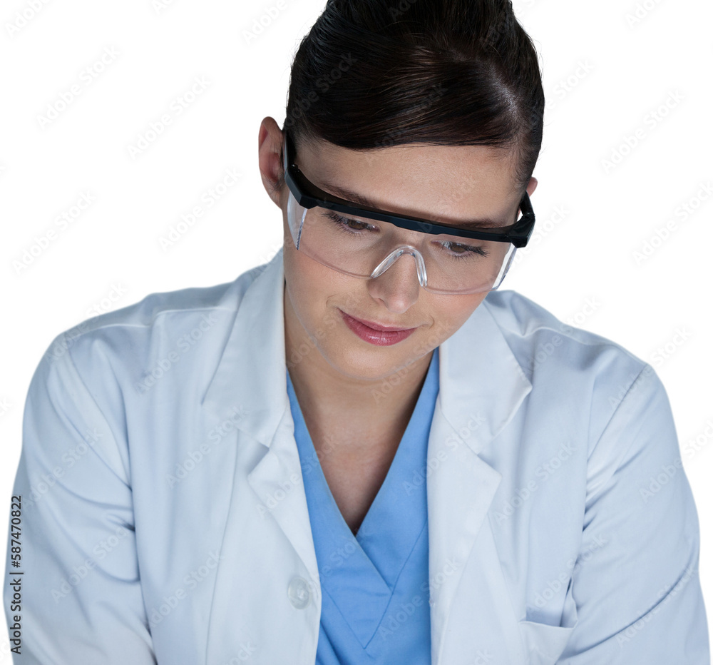 Female scientist smiling against white background Female scientist smiling against white background