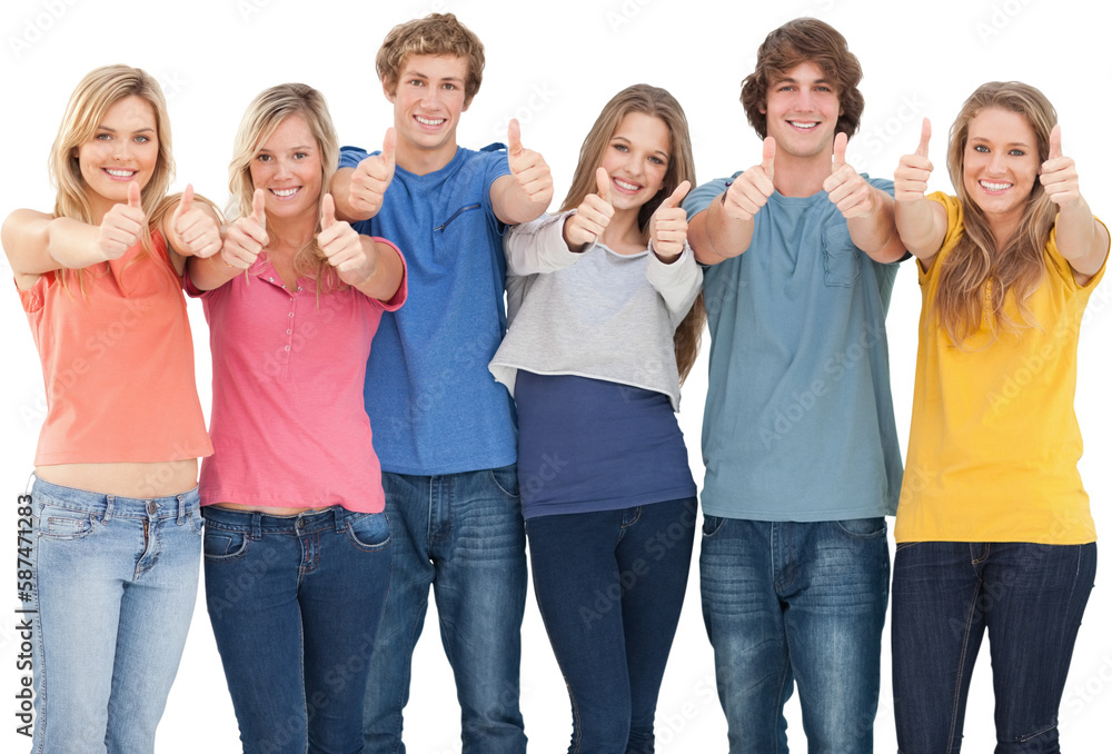 Six friends giving thumbs up as they smile Six friends giving thumbs up as they smile