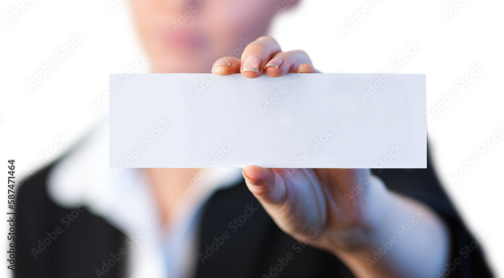 Close up of businesswoman holding blank card Close up of businesswoman holding blank card
