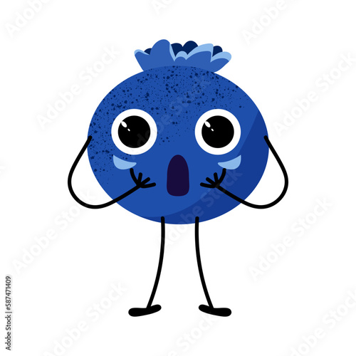 The emotion of surprise. Cute vector blueberry with emotion. Fruity smiley face. Emotion of amazement. White isolated background. 