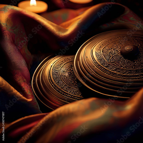 A pair of tingsha cymbals on silk brocade create a ringing tone that evokes Tibetan Buddhism and transcendent consciousness. photo