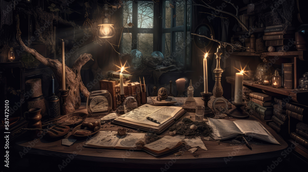 A wizard's room with books on the table. Interior of the room. AI generated