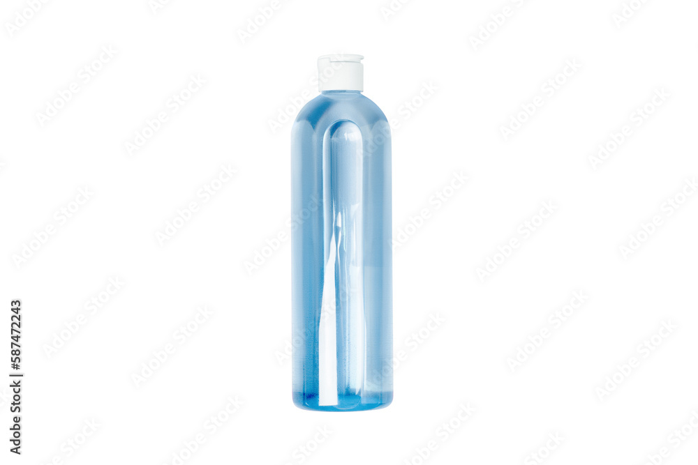 Cosmetic bottle with blue tonic, water, liquid. Isolated on a white background. View from above Cosmetic bottle with blue tonic, water, liquid. Isolated on a white background. View from above