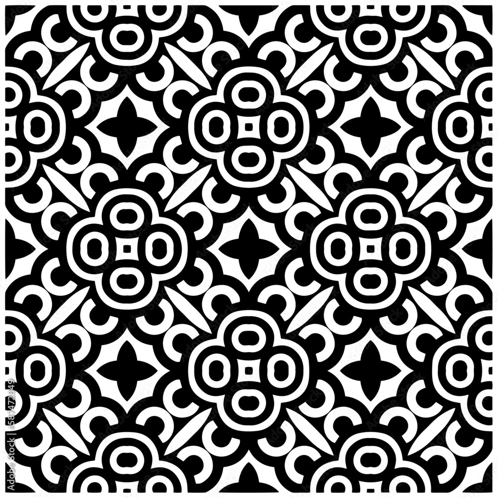 Obraz premium Dark background with abstract shapes. Black and white texture. Seamless monochrome repeating pattern for web page, textures, card, poster, fabric, textile.