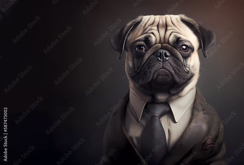 Pug in a suit. Banner. Generative AI