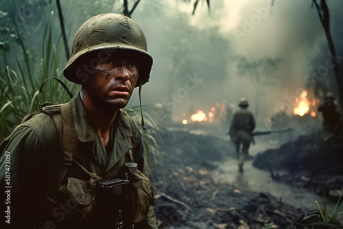 Portrait of Vietnam era soldier in combat, wet, rainy jungle during monsoon.  photo