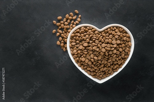 Photos heart shaped pet food on a black concrete floor