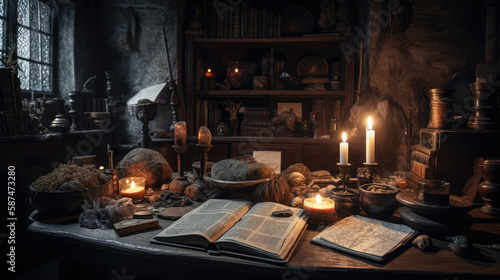 A wizard's room with candles in the dark. Interior of the room. AI generated