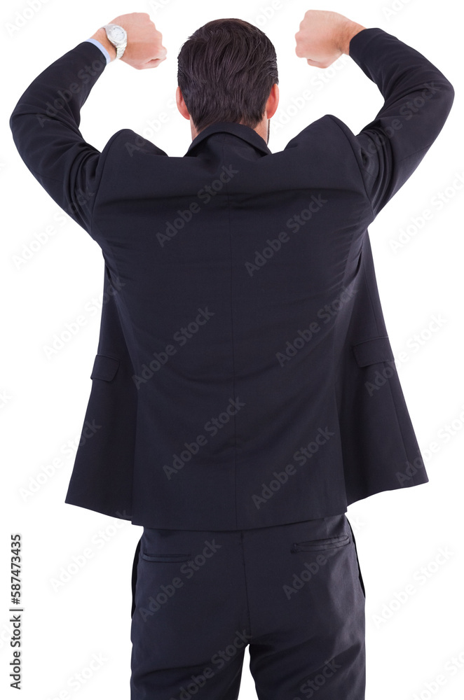 Rear view of businessman standing with arms raised Rear view of businessman standing with arms raised