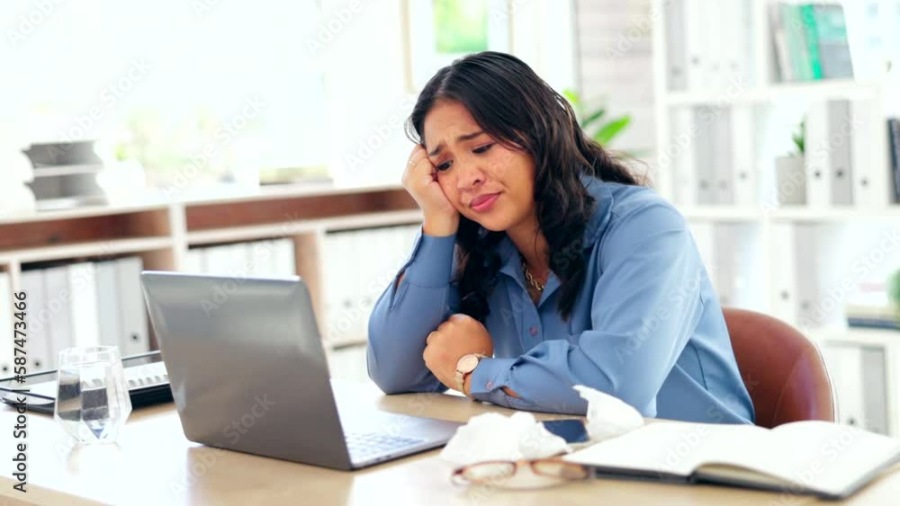Covid, tissue and blowing nose with a business asian woman at work in her office on a laptop while feeling ill. Sick, sneezing or cold and flu with a female employee suffering from a virus or allergy Covid, tissue and blowing nose with a business asian woman at work in her office on a laptop while feeling ill. Sick, sneezing or cold and flu with a female employee suffering from a virus or allergy