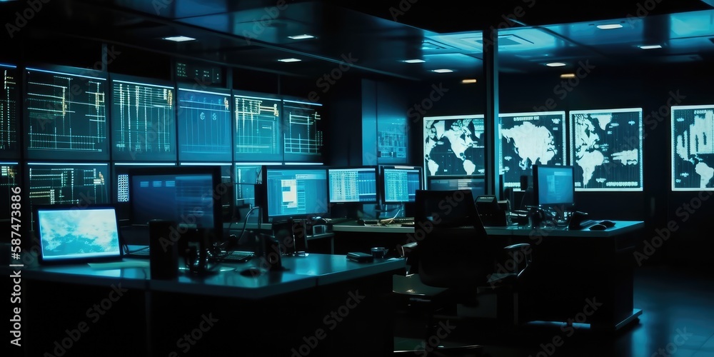 A digital computer with a map in a modern monitoring office. AI generated A digital computer with a map in a modern monitoring office. AI generated
