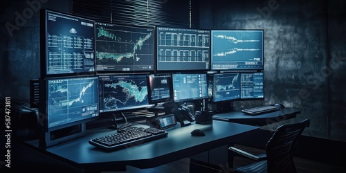 A digital computer with a map in a modern monitoring office. AI generated