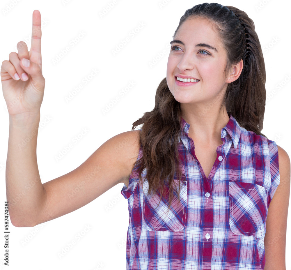 Pretty brunette pointing something with her finger 