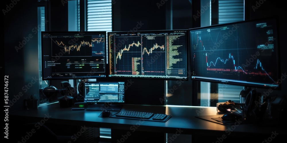 Control center, computers at the workplace. Analytical data. AI generated Control center, computers at the workplace. Analytical data. AI generated