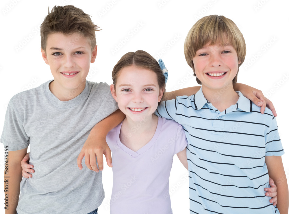 Happy brothers and sister standing arms around Happy brothers and sister standing arms around