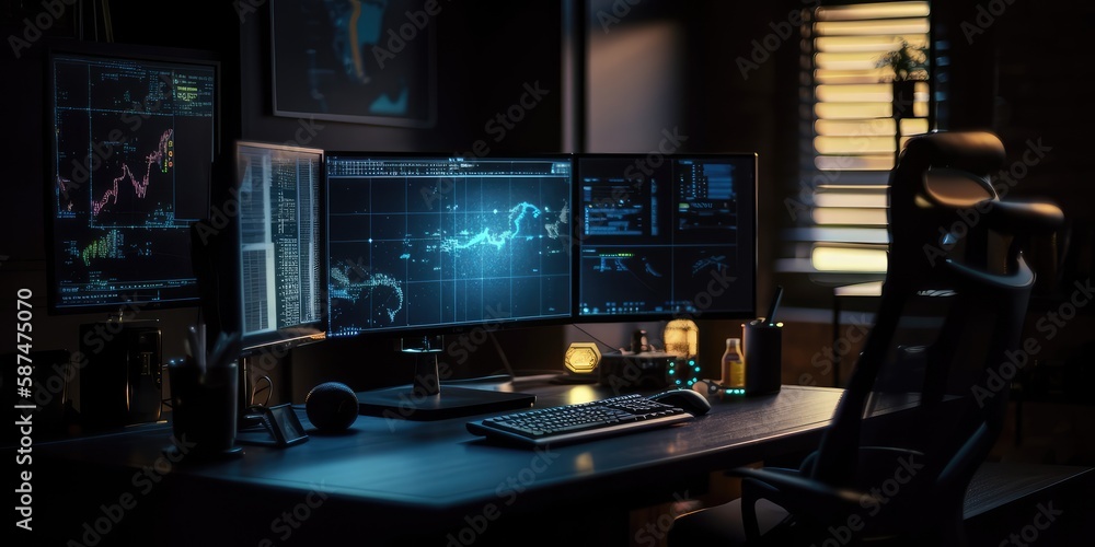Fototapeta premium Several personal computer monitors showing a language coding program with a system monitoring interface. AI generated
