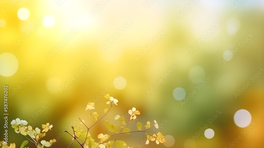 Abstract spring summer time blossom, yellow bokeh soft blur background, vintage poster wallpaper backdrop