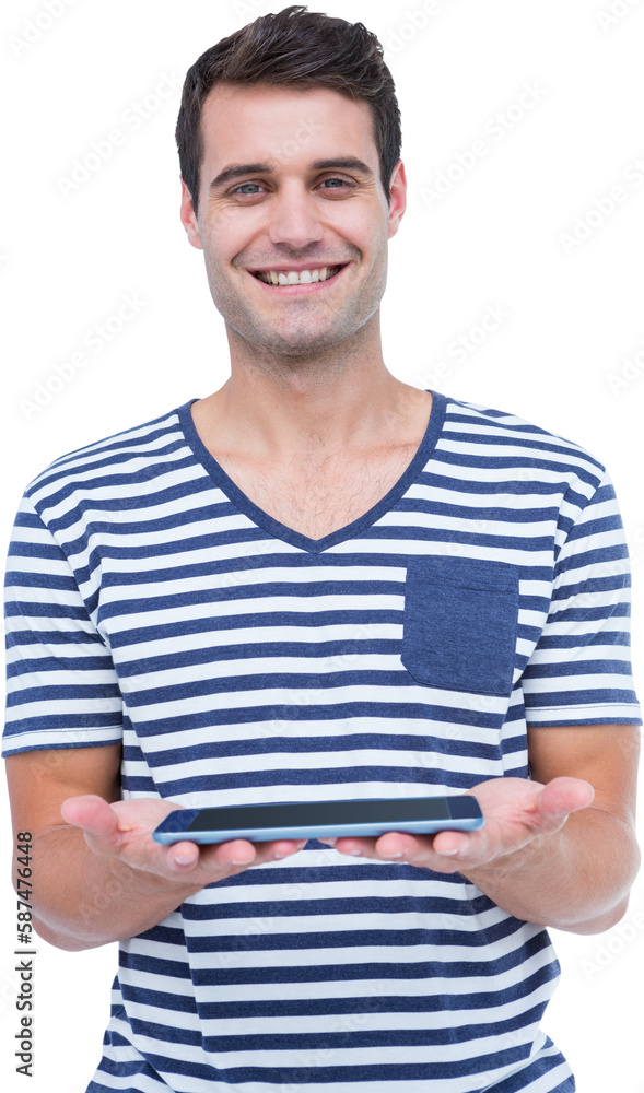 Portrait of handsome man smiling while holding digital tablet Portrait of handsome man smiling while holding digital tablet