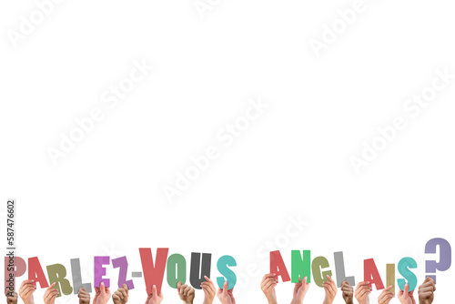 Cropped hands holding colorful words parlez-vous anglais 