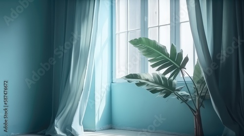 An empty blue room with a window and a flower. Bright lighting. AI generated.