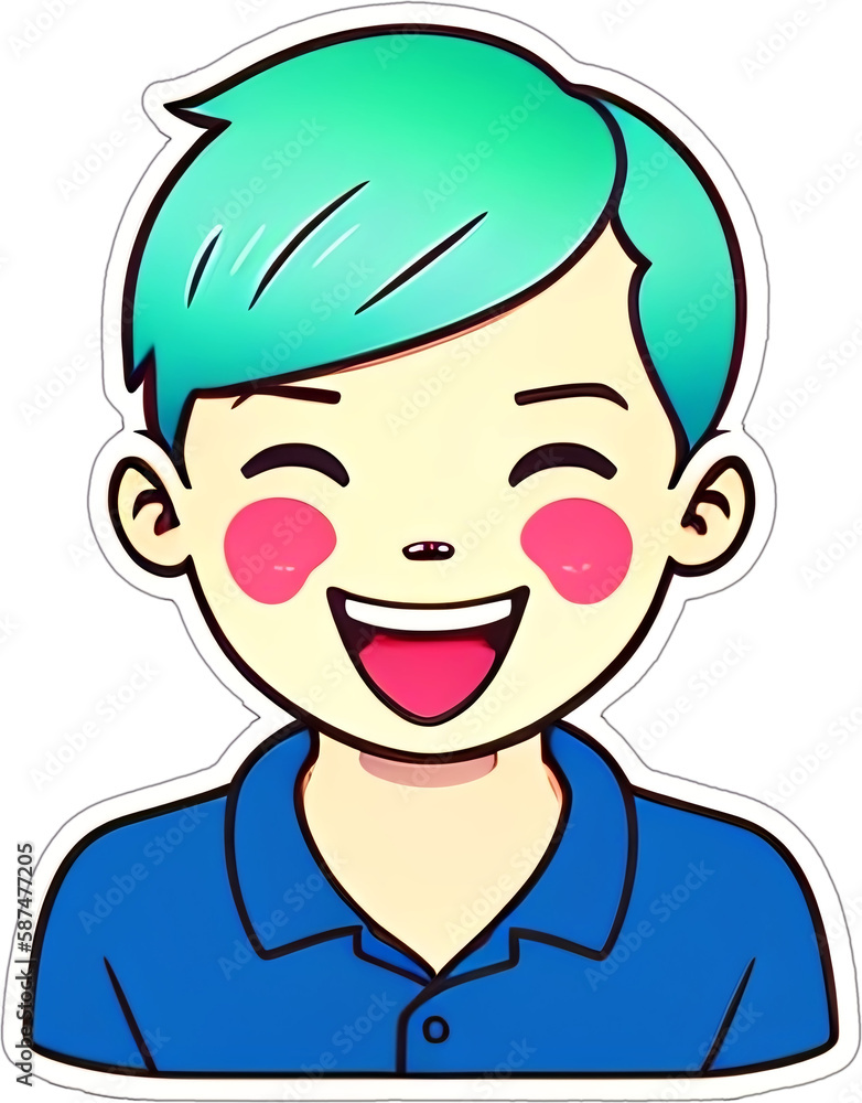 Sticker with a cartoon boy's head with a hairstyle and a smile on his funny face, with a white frame around Sticker with a cartoon boy's head with a hairstyle and a smile on his funny face, with a white frame around