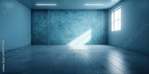 An empty blue light large room. AI generated.