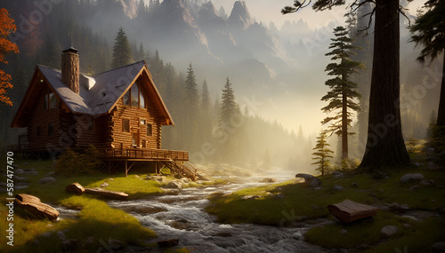 Cascade Retreat- Lone Cabin nestled in Valley beside River with Picturesque Waterfall View - Landscape Wallpaper