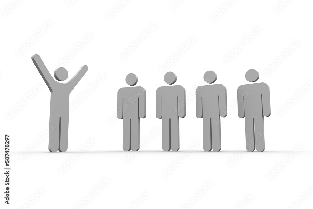 Successful human with arms raised standing by colleagues Successful human with arms raised standing by colleagues