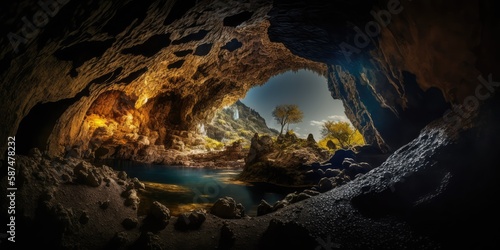 View from inside the cave on a beautiful landscape. Beautiful nature. AI generated