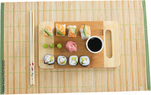 High angle view of sushi served on mat