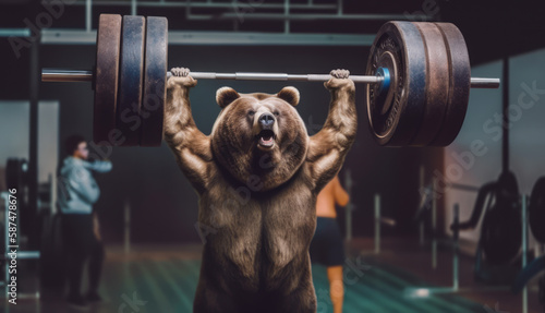 Bear holding a heavy barbell aloft above his head in a gym, overhead press