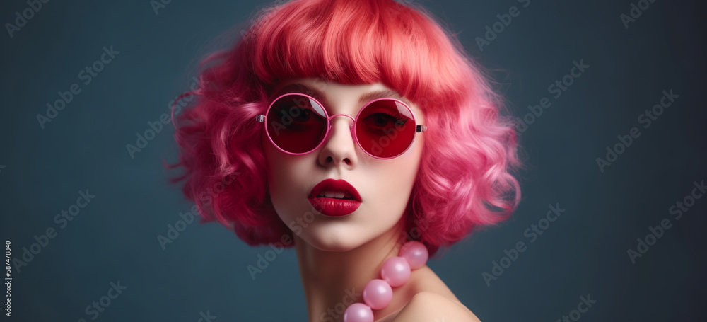 Image Generated Artificial Intelligence. Portrait of a young carefree girl on trendy sunglasses