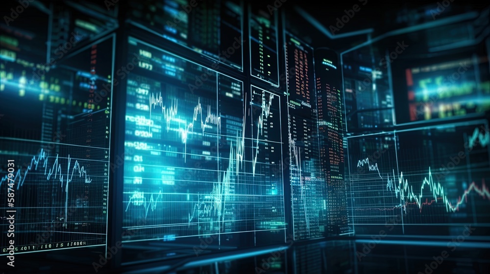 Stock market background wallpaper. Financial chart with uptrend line candlestick graph in stock market on blue color monitor background. Generative AI Stock market background wallpaper. Financial chart with uptrend line candlestick graph in stock market on blue color monitor background. Generative AI