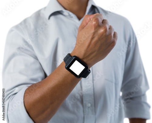 Mid section of Man showing smartwatch