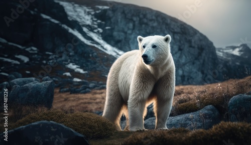 A polar bear walks in the Arctic. A large white animal in its natural habitat. AI generated ©  AKA-RA