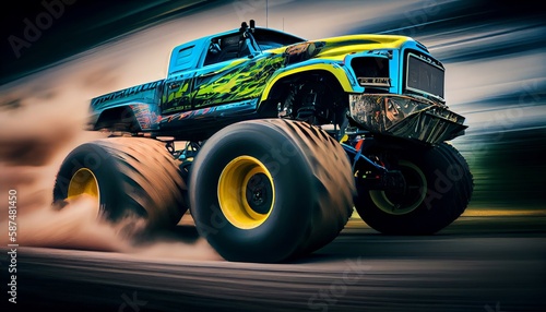 Monster truck covered in mud. Racing event in mud. Large tires on a pickup truck coming out of a hole.