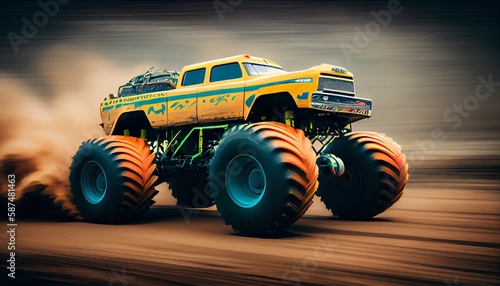 Monster truck covered in mud. Racing event in mud. Large tires on a pickup truck coming out of a hole.