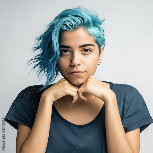 Digital AI transforms portrait of alluring Latina female with striking blue hair into stunning artwork
