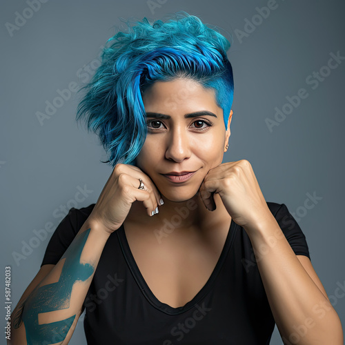 Digital AI transforms portrait of alluring Latina female with striking blue hair into stunning artwork
