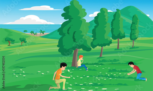 boys collecting daisy flowers in nature