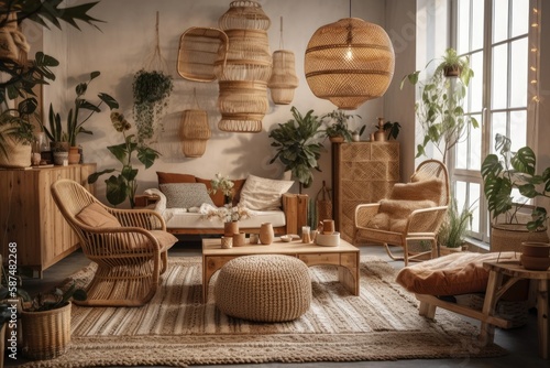 Cozy boho trendy living room. Vertical view of house décor, natural material furniture, armchair with cushions, bamboo coffee table, macrame on wall beneath wicker chandelier. Generative AI