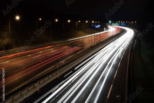 long exposure photo of a highway at night. Generative AI.