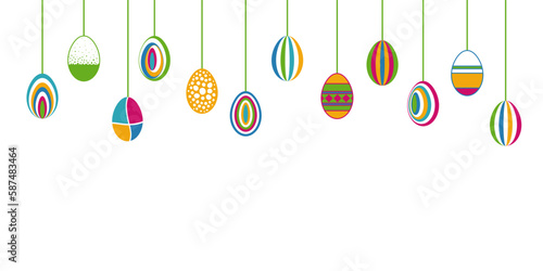 Vektorgrafik Banner mit hängenden bunten Ostereiern. Platz für Ostergrüße.