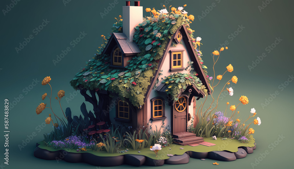 Magical fantasy elf or gnome house with windows, door and yellow blooming flowers on glade. AI generative Magical fantasy elf or gnome house with windows, door and yellow blooming flowers on glade. AI generative