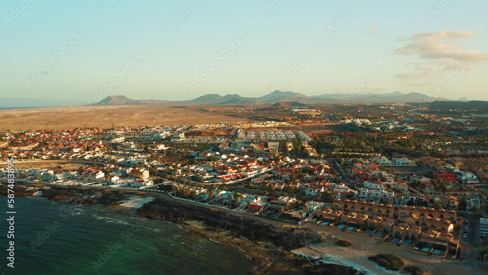 Fototapeta premium Corralejo town in Fuerteventura Canary islands Spain. Cityscape of touristic resort city.