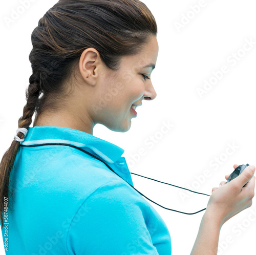 Trainer with stopwatch checking time photo